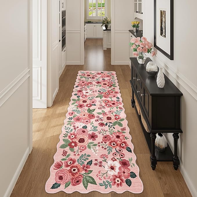 DUKINO 2x10 Runner Rug for Hallway, Washable Kitchen Rug with Non Slip Backing & Non-Shediing, Soft Low Pile Floral Design Runner for Bedroom, Kithchen, Living Room, Laundry, Bathroom, Pink
