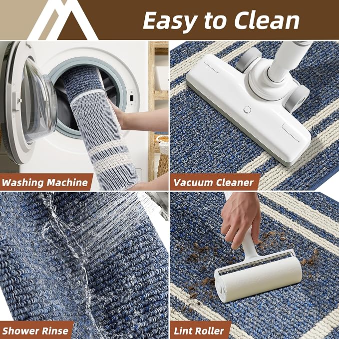 COSY HOMEER Kitchen Rugs Non-Slip 20x30/20x48 Inch Thick Polypropylene Standing Mat for Home Machine Washable, Bule Frame