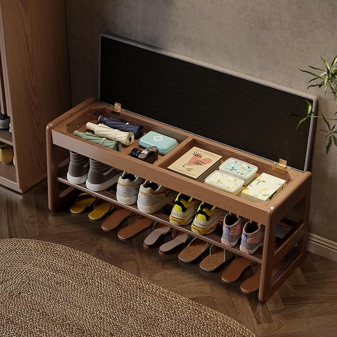 AQIMUELE Shoe Rack Bench,2 Tiers Shoe Bench with Storage with Flip-Top,Wood Shoe Rack for Entryway,Hallway(Walnut Upholstered Seat,11.8" D x 39.3" W x 15.7" H