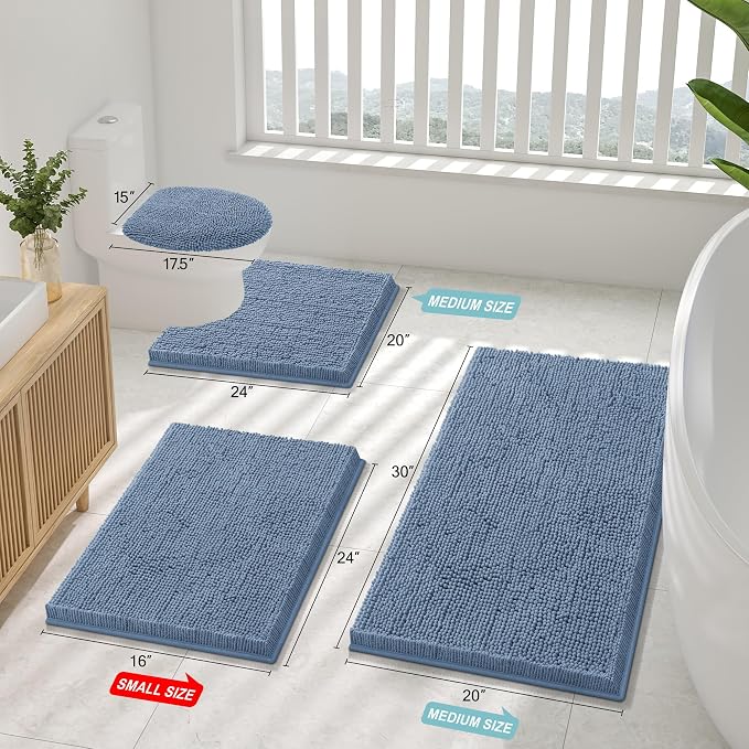 Smiry Luxury Chenille Bathroom Rugs 30x20, Extra Soft and Absorbent Shaggy Bath Mat, Machine Washable, Non-Slip Plush Carpet Runner for Tub, Shower, and Floor, Home Decor Accessories, Grayish Blue