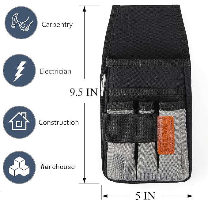 VIDAR TOOLS Small Tool Pouch with Belt Clip,Tool Belt Pouches,Electrician Tool Pouch.Mini Organizer Pocket Attachment for Tool Belt,5 Pockets and Heavy-Duty Metal Belt Clip Attachment.…