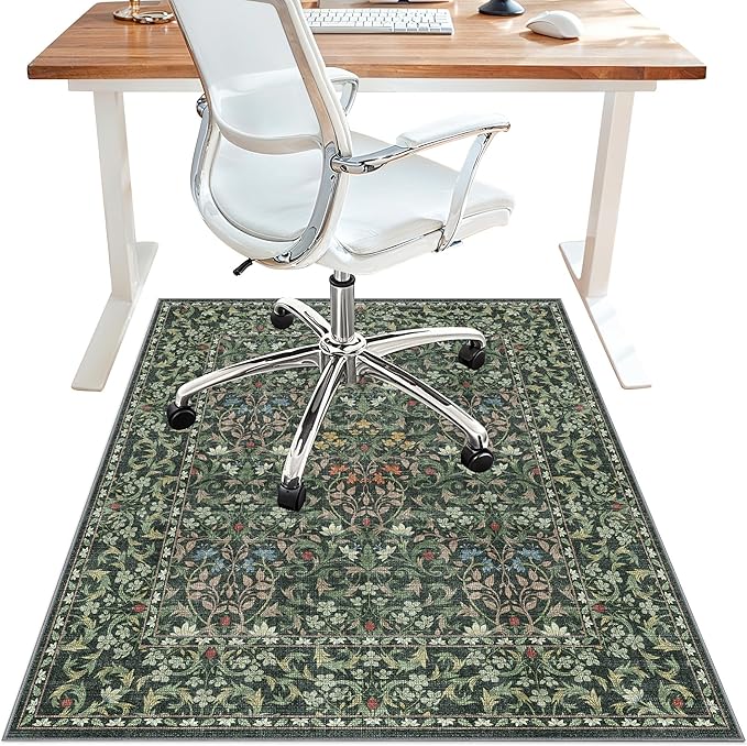48"x60" Office Chair Mat for Hardwood Tile Floor, Under Desk Carpet Protector for Rolling Computer Chair Mat, Machine Washable Area Rug, Anti-Slip 1/5" Thick Low Pile Thin Vinyl Floor Mat, Moss Green