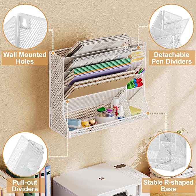 Jakyitvi Wall File Organizer, 5-Tier Hanging Wall File Organizer with R-shaped Bottom Tray, Desk Organizer with 4 Tiers Durable Adjustable Metal & 4 Pen Slots Stable, Wall Organizer for Office, White