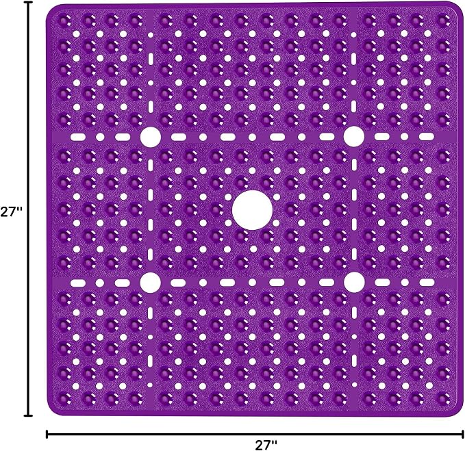 Large Square Shower Mat 27 x 27 Inch Clear Purple, Non Slip Shower Bathtub Mats for Inside Shower With Big Suction Cups Drain Holes, Anti Slip Bathroom Floor Stall Mats, Easy Clean, BPA-Free