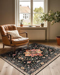 RELEANY Area Rugs 3'x4' Washable Non-Slip, Floral Vintage Distress Medallion Carpet for Living Room Bedroom Dining Room, Black Colorful Floral Dark Tan