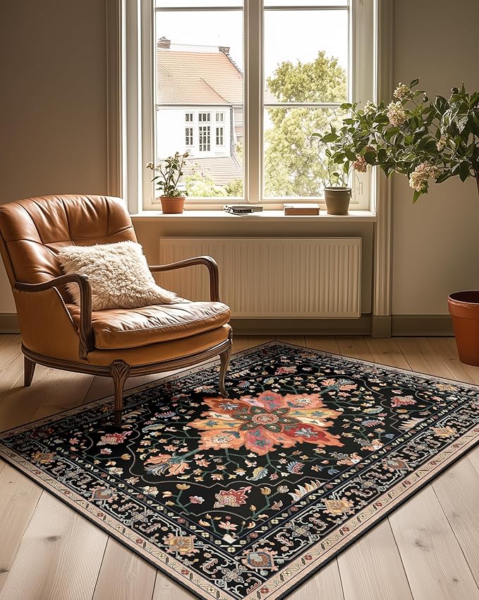 RELEANY Area Rugs 3'x4' Washable Non-Slip, Floral Vintage Distress Medallion Carpet for Living Room Bedroom Dining Room, Black Colorful Floral Dark Tan