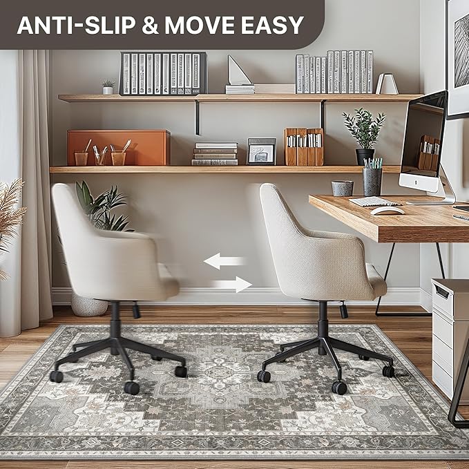 36"x60" Office Chair Mat for Hardwood Tile Floor, Under Desk Carpet Protector for Rolling Computer Chair Mat, Machine Washable Area Rug, Anti-Slip 1/5" Thick Low Pile Thin Vinyl Floor Mat, Tawny Grey