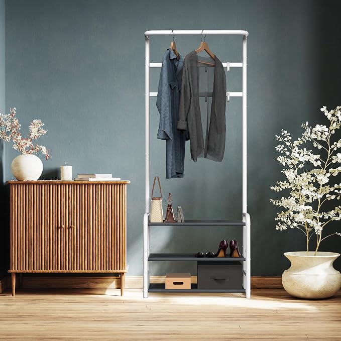 Simple Houseware Space-Saving Coat Rack with Storage Shelf, Black Freestanding Hall Tree Organizer with Hooks for Entryway, Bedroom, Office, Coats, Hats, Jackets, Scarves - White