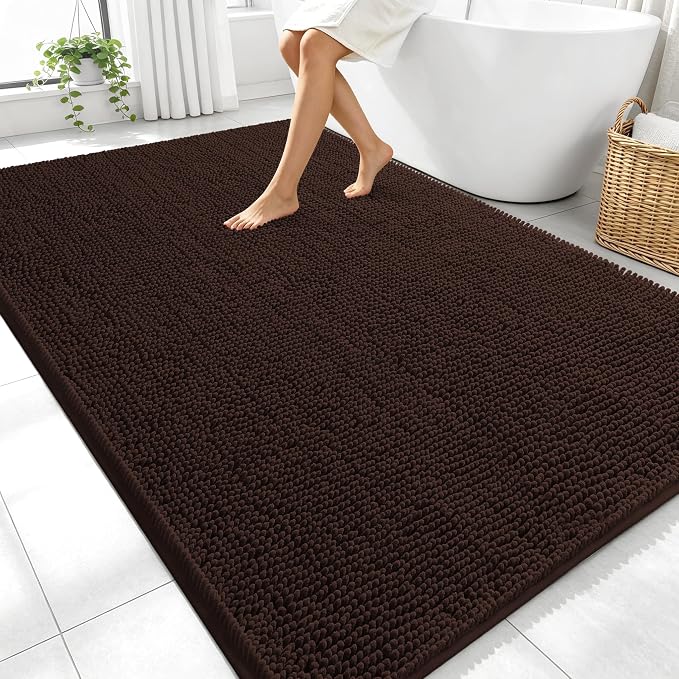 OLANLY Large Bathroom Rugs 70x46, Extra Soft Absorbent Chenille Bath Rugs, Rubber Backing Quick Dry, Machine Washable Bath Mats for Bathroom Floor, Tub and Shower, Home Decor Accessories, Brown