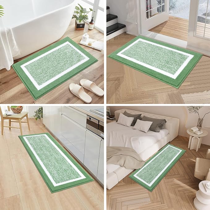 Pauwer Bathroom Rug Mat Set 3 Piece, Microfiber Shaggy Bath Set, Non-Slip Ultra Soft Carpet Mats, Absorbent with U-Shaped Toilet for Bathroom, Tub, Shower, Green