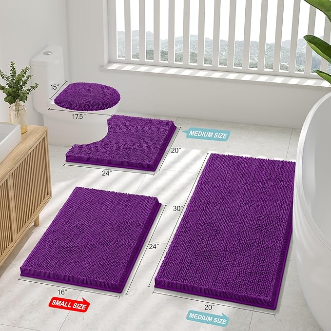 Smiry Luxury Chenille Bathroom Rugs 24x16, Extra Soft and Absorbent Shaggy Bath Mat, Machine Washable, Non-Slip Plush Carpet Runner for Tub, Shower, and Floor, Home Decor Accessories, Violet