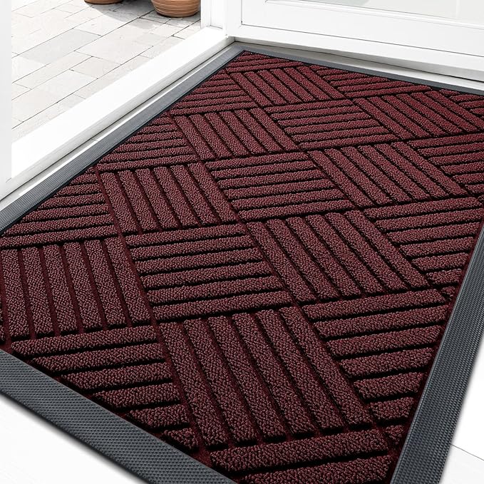 OLANLY Front Door Mat Outside Entrance 33x21, Absorbent, Heavy Duty Sturdy Natural Rubber Doormat Indoor Outdoor, Stain Fade Resistant, Non-Slip Low Profile Floor Mat for Entryway, Burgundy Diamond