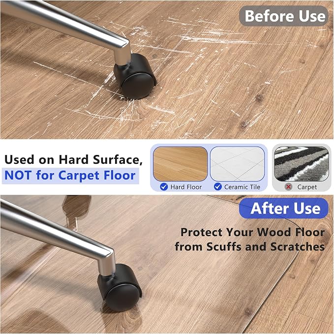 Office Chair Mat for Hardwood Floor, 36"x48" Clear Desk Chair Mat Easy Glide for Rolling Chair, Heavy Duty Vinyl Floor Protector Mat for Home or Office, Easy Clean and Flat Without Curling