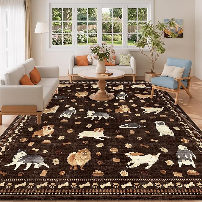 DUKINO 8x10 Area Rug, Non Slip Washable Animal Dog Rug for Living Room, Stain Resistant & Low Pile Indoor Floor Large Carpet for Bedroom, Farmhouse, Nursery, Dining Room, Kids Playroom, Brown