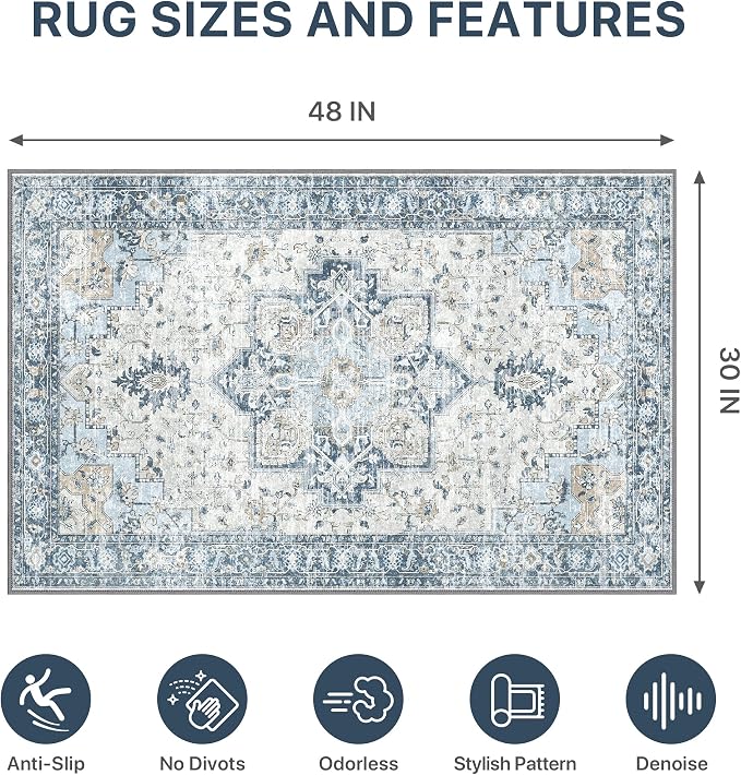 30"x48" Office Chair Mat for Hardwood Tile Floor, Under Desk Carpet Protector for Rolling Computer Chair Mat, Machine Washable Area Rug, Anti-Slip 1/5" Thick Low Pile Thin Vinyl Floor Mat, Blue