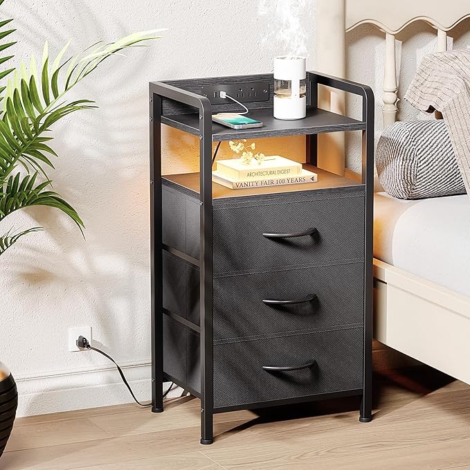Lazzanto Night Stand Bedside Charger Bedroom - Nightstand with Charging Station & LED Light Strip, Night Stand with Storage Shelf & 3 Fabric Drawers, Morden End Table with U-S-B Ports & AC Outlets