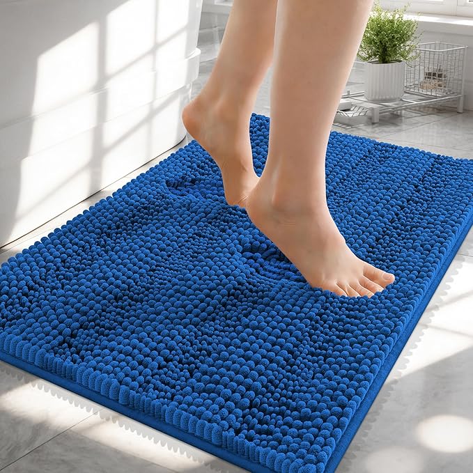 OLANLY Thick Small Bathroom Rugs 24x16, Extra Absorbent Chenille Striped Bath Rugs, Rubber Backing, Machine Wash, Bath Mats for Bathroom Floor, Tub and Shower, Home Decor Accessories, Deep Navy Blue