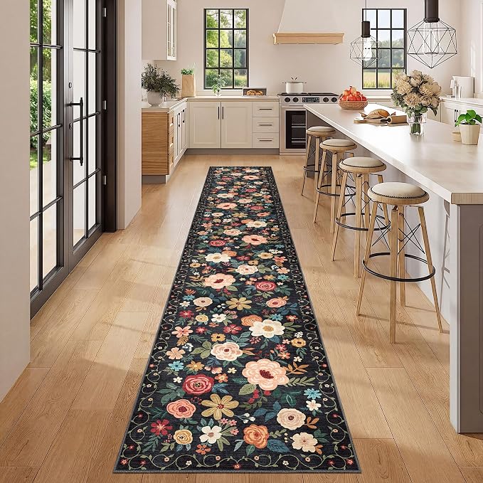 DUKINO 2x12 Washable Runner Rug, Ultra Soft Floral Runner Rug for Hallway, Boho Non Slip & Non Shedding Indoor Entryway Carpet for Kitchen, Laundry Room, Bathroom, Bedroom, Entrance, Black