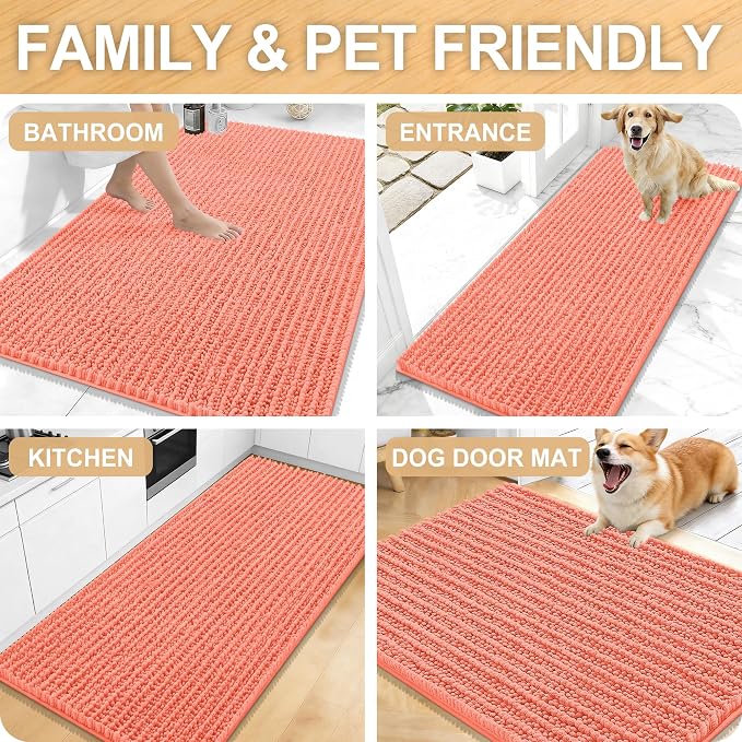 OLANLY Bathroom Rug Mat 34x21, Thick Soft and Absorbent Chenille Bath Mat, Non-Slip Rubber Backing, Machine Washable Quick Dry Bath Rugs for Tub Shower Floor, Home Decor Accessories, Coral
