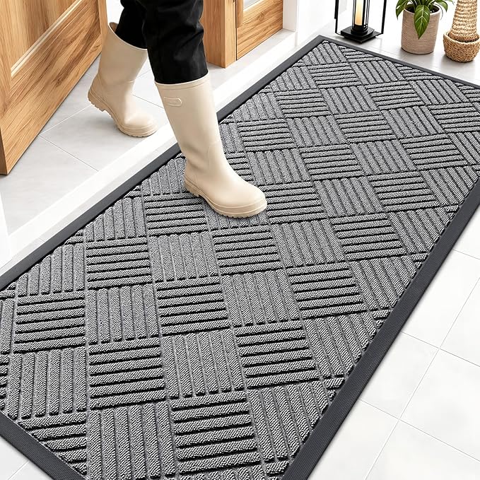 OLANLY Front Door Mat Outside Entrance 59x23, Absorbent, Heavy Duty Sturdy Natural Rubber Doormat Indoor Outdoor, Stain and Fade Resistant, Non-Slip Low Profile Floor Mat for Entryway, Grey Diamond