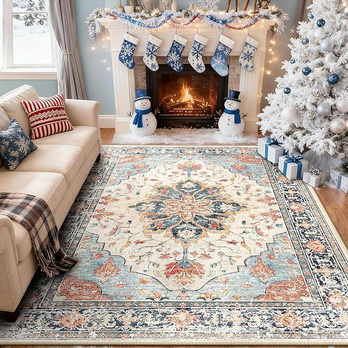RELEANY Area Rugs 6'x8' Washable Non-Slip, Floral Vintage Distress Medallion Carpet for Living Room Bedroom Dining Room, Beige Navy Blue Orange Colorful