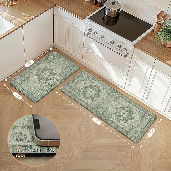 GENIMO Kitchen Mats for Floor 2PCs, Washable Anti Fatigue Mat for Cushioned, 17.3"x47"+17.3"x30", Waterproof Kitchen Rugs, Non Slip Comfort Standing Mat Rug for Home, Sink, Laundry, Light Green