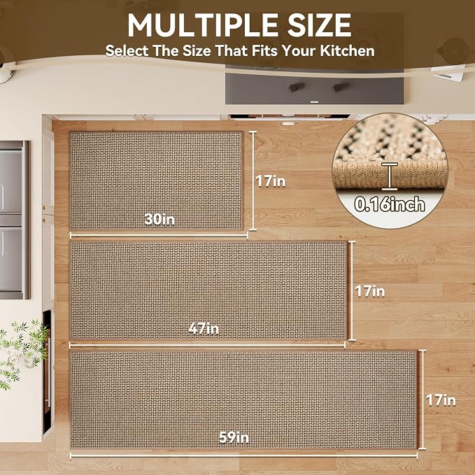 Kitchen Runner Rugs and Mat Non Slip Washable, Super Absorbent Long Kitchen Mats for Floor, Rubber Backing Soft Braided Standing Kitchen Sink Mat Kitchen Rug, Easy to Clean, Khaki 17"x59"