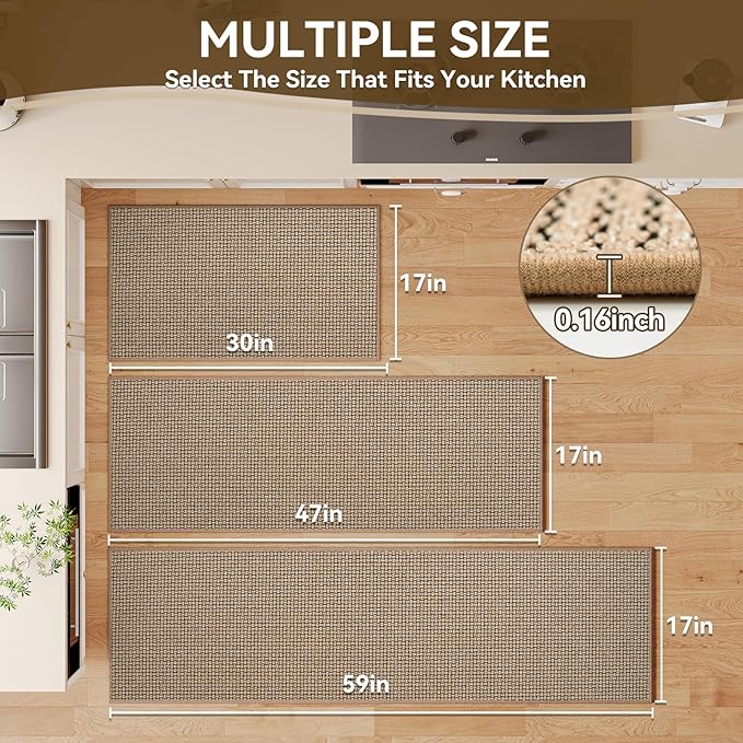 Kitchen Rugs and Mat Non Slip Washable, Super Absorbent Kitchen Mats for Floor, Rubber Backing Soft Braided Standing Kitchen Sink Mat Kitchen Runner, Front of Sink, Easy Clean, Khaki 17"x30"