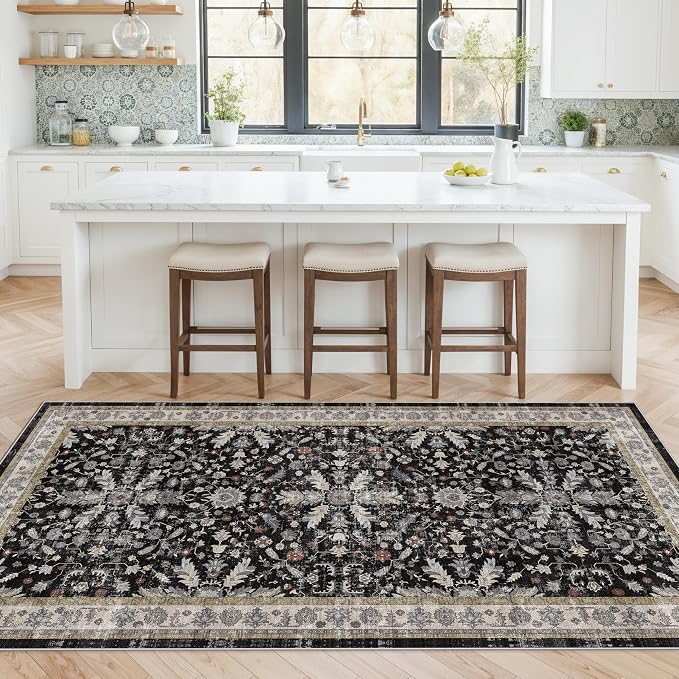 4x8 Rug Washable for Entryway Kitchen – Non-Slip Rubber Backed Area Rug for Hallway Bedroom Living Room Office,Boho Floral Low Pile Thin Floor Indoor Mat (Black,4x8)