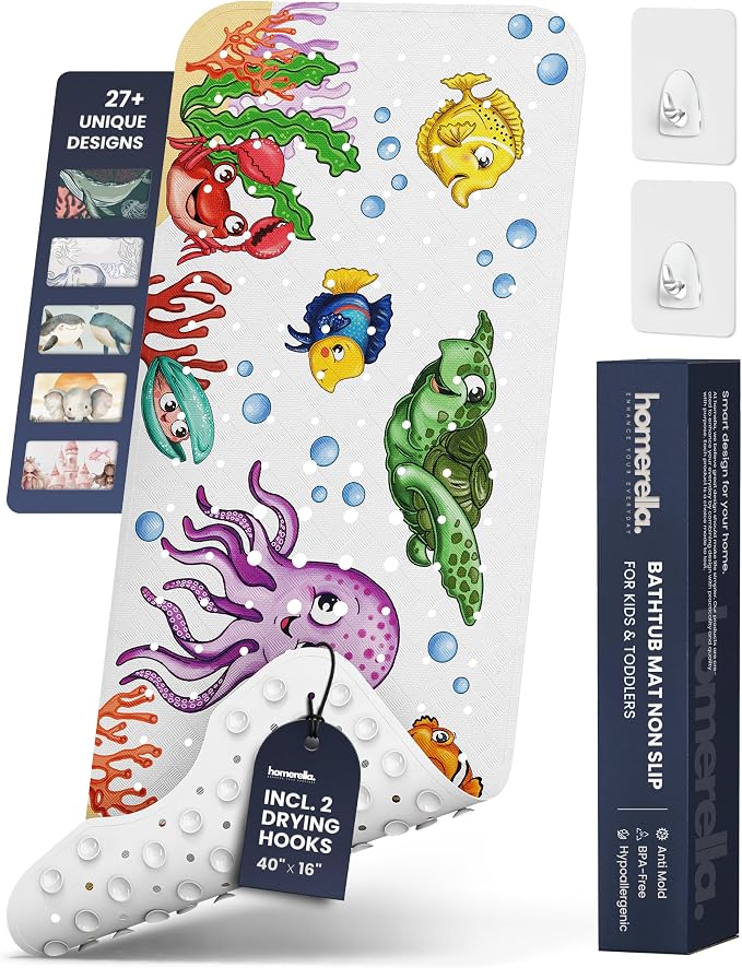 Bath Tub Mat Non Slip Anti Mold for Kids BPA Free INCL Hooks - homerella® Ocean Sea Animals 40x16, Baby Bath Mat Non Slip 200 Suction Cups, Non Toxic Machine Washable Toddler Bath Mat, EU Certified