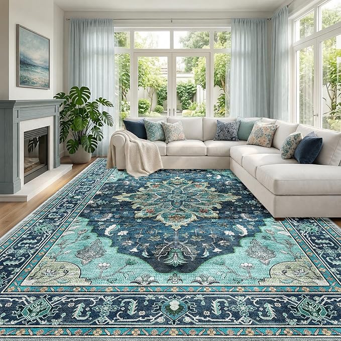 RELEANY Area Rugs Large 10'x14' Washable Non-Slip, Floral Vintage Distress Medallion Carpet for Living Room Bedroom Dining Room, Teal Green Lake Blue Turquoise