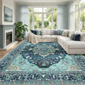 RELEANY Area Rugs Large 9'x12' Washable Non-Slip, Floral Vintage Distress Medallion Carpet for Living Room Bedroom Dining Room, Teal Green Lake Blue Turquoise
