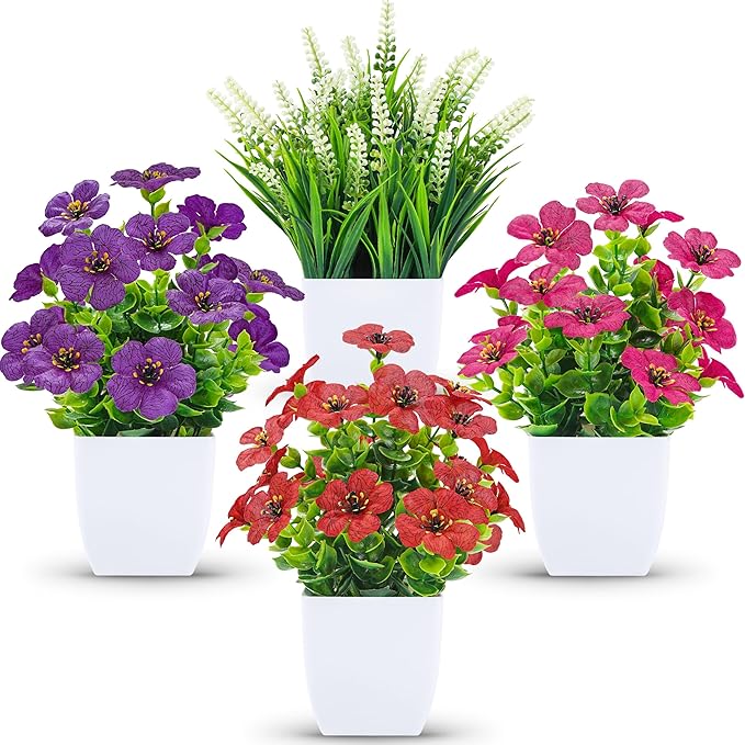 Der Rose Fake Plants 4 Pack Small Artificial Flowers in White Pots for Desk Bathroom Shelf Bedroom Office Tabletop Spring Home Decor