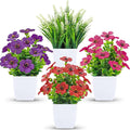 Der Rose Fake Plants 4 Pack Small Artificial Flowers in White Pots for Desk Bathroom Shelf Bedroom Office Tabletop Spring Home Decor
