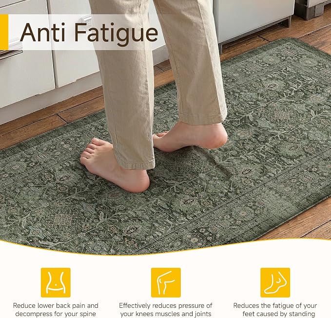 PureCozy Kitchen Mats 2PCS Anti Fatigue Cushioned Mat Green Vintage Kitchen Mats for Floor Waterproof Non Slip Comfort Standing Distressed Rug for Sink Laundry Office 17.3"x59"+17.3"x30"
