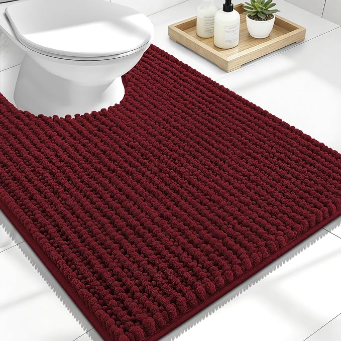 OLANLY Thick Toilet Rugs U-Shaped 24x20, Extra Soft Absorbent Shaggy Chenille Contour Bathroom Rugs for Toilet, Dry Quickly, Machine Washable, Non-Slip Bath Mat, Burgundy