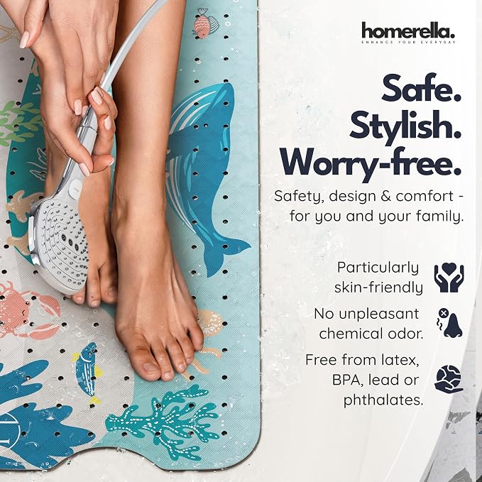 Bath Tub Mat Non Slip Anti Mold for Kids BPA Free INCL Hooks - homerella® Ocean Sea Animals 28x16, Baby Bath Mat Non Slip 200 Suction Cups, Non Toxic Machine Washable Toddler Bath Mat, EU Certified