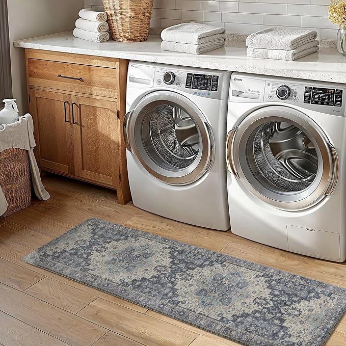 GENIMO Kitchen Mats for Floor, Washable Anti Fatigue Mat for Cushioned, 17.3"x59", Waterproof Kitchen Rugs, Non Slip Foam Comfort Standing Mat Rug for Home, Runner, Sink, Laundry, Center Blue