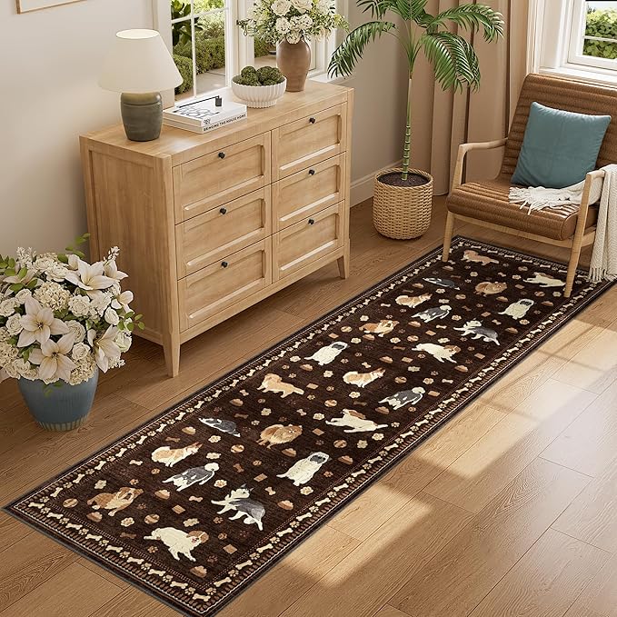 DUKINO 2x10 Runner Rug for Hallway, Washable Animal Dog Print Kitchen Rug with Low Pile, Soft Non Slip Indoor Non Shedding Long Carpet Runner for Entryway, Bedroom, Bathroom, Laundry, Brown