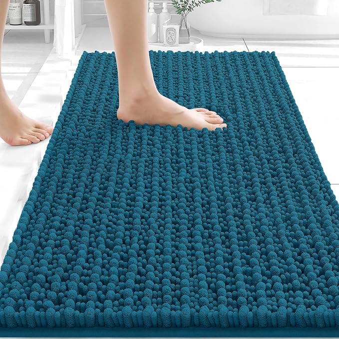 OLANLY Bathroom Rug Mat 30x20, Thick Soft and Absorbent Chenille Bath Mat, Non-Slip Rubber Backing, Machine Washable Quick Dry Bath Rugs for Tub Shower Floor, Home Decor Accessories, Peacock Blue