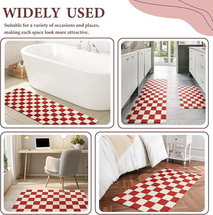 Beige Red Checkered Grid Checkerboard Kitchen Rug Sets [2 PCs], Anti-Fatigue, Waterproof Non-Slip Kitchen Mats Heavy Duty Comfort Foam Rug for Kitchen, Floor, Home, Laundry,17"x29"+17"x47"