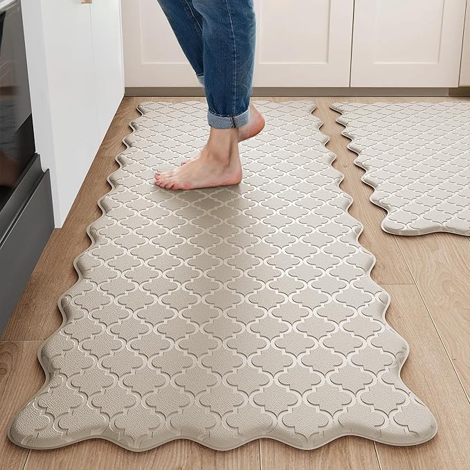 Arenarug Upgrade Scalloped Embossed Kitchen Mats for Floor 2PCS Cushioned Anti Fatigue Waterproof Foam Kitchen Rugs Non Slip Washable Comfort Standing Mat for Sink Laundry,17.3"x30"+17.3"x59",Khaki