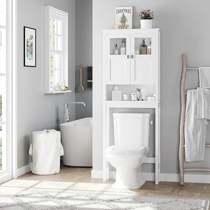 Spirich Bathroom Cabinet Over Toilet, Bathroom Storage Cabinet with Glass Doors and Adjustable Shelves, Over The Toilet Storage Cabinet, White