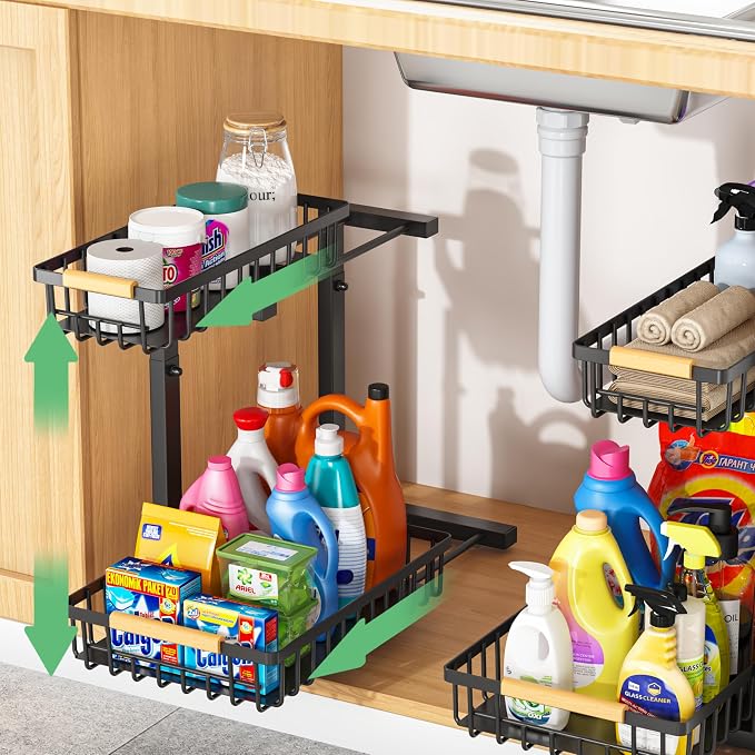 Merrylun Under Sink Organizers,5 Adjustable Height，Metal Pull Out Under Sink Organizers and Storage Shelves with Sliding Drawer, Black, 2 Pack（Hight 13.6″-16.9″）