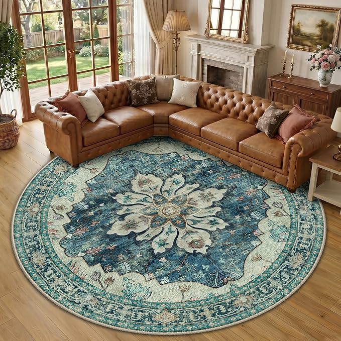 RELEANY Area Rugs Round 10ft Washable Non-Slip, Floral Vintage Distress Medallion Carpet for Living Room Bedroom Dining Room, Dark Blue Vintage