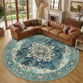 RELEANY Area Rugs Round 10ft Washable Non-Slip, Floral Vintage Distress Medallion Carpet for Living Room Bedroom Dining Room, Dark Blue Vintage