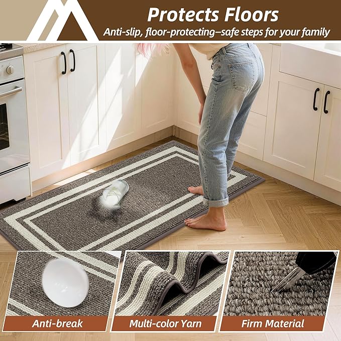 COSY HOMEER Kitchen Rugs Non-Slip 24x35/24x60 Inch Thick Polypropylene Standing Mat for Home Machine Washable, Brown Frame