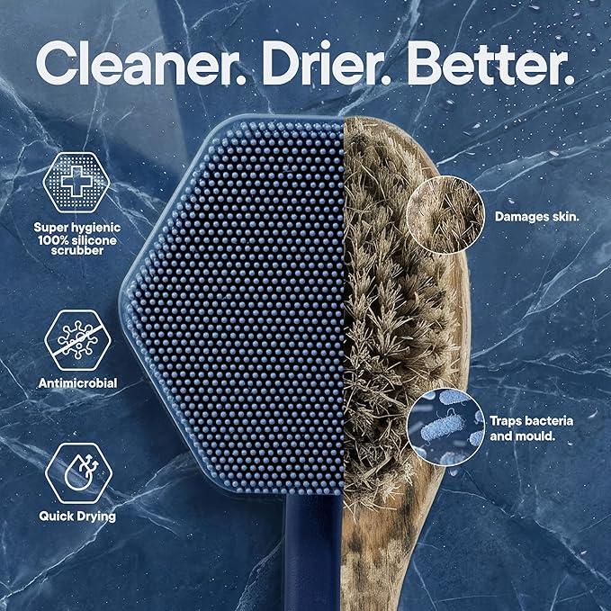 TOOLETRIES Silicone Back Scrubber for Shower, Exfoliating Body & Bath Brush, Long Ergonomic Handle, Non-Slip Grip for Hard-to-Reach Areas, Hygienic Silicone Bath Accessory for Men & Women - Glacier