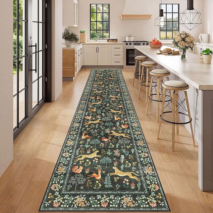 DUKINO 2.6x12 Hallway Runner Rug, Vintage Washable Loog Kitchen Rug with Non Slip Backing, Stain Resistant & Low Pile Animal Print Floor Carpet for Indoor Entrance Bathroom, Laundry, Bedroom, Black