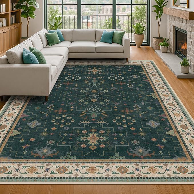 Hazo Haus Vintage 8x12 Large Area Rugs for Living Room - Oriental Dark Green Rug for Bedroom Under Bed, Washable Soft Dining Room Rug Under Kitchen Table, Low Pile Non Slip Unique Indoor Décor